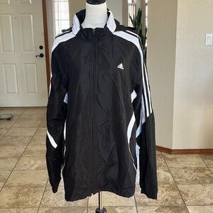 Adidas Black & White Hooded Windbreaker Jacket Mens XL Full Zip 3-Stripe Athleti